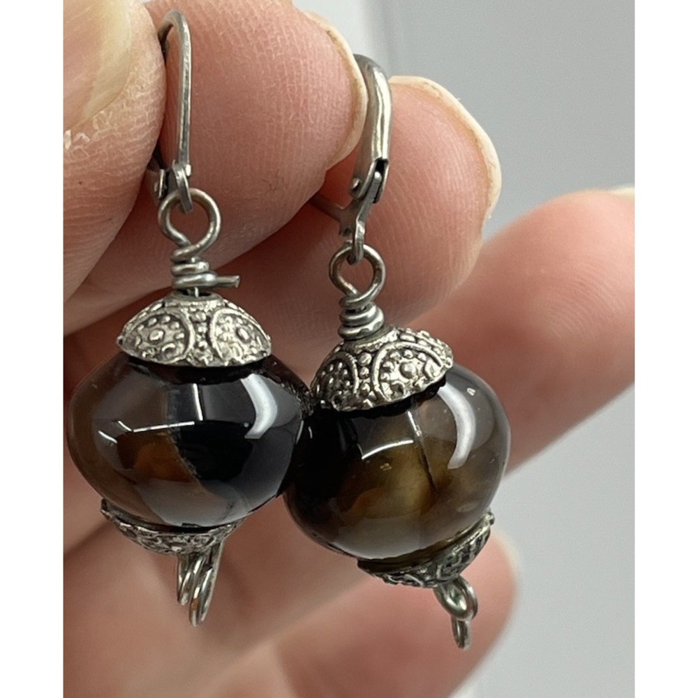 Artisan Silvertone Tiger's Eye Filigree Earrings Secure Hook 1.25"